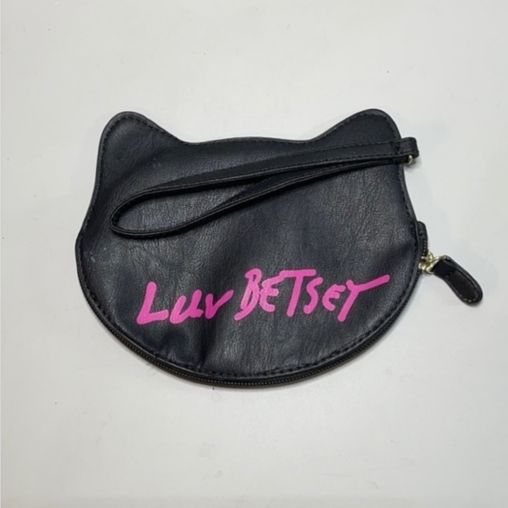 BETSEY JOHNSON PURSE BLACK PINK CAT WRISTLET KEY BAG PINK GLITTER HEART EYES NEW - Picture 10 of 10